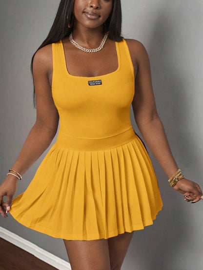 Slaydiva Mustard Yellow,Summer,Casual,City Break Women's U-Neck Knitted Mini Dress,Basic Racer Vest Pleated Skirt With Shorts Culottes,Spring Summer Dresses