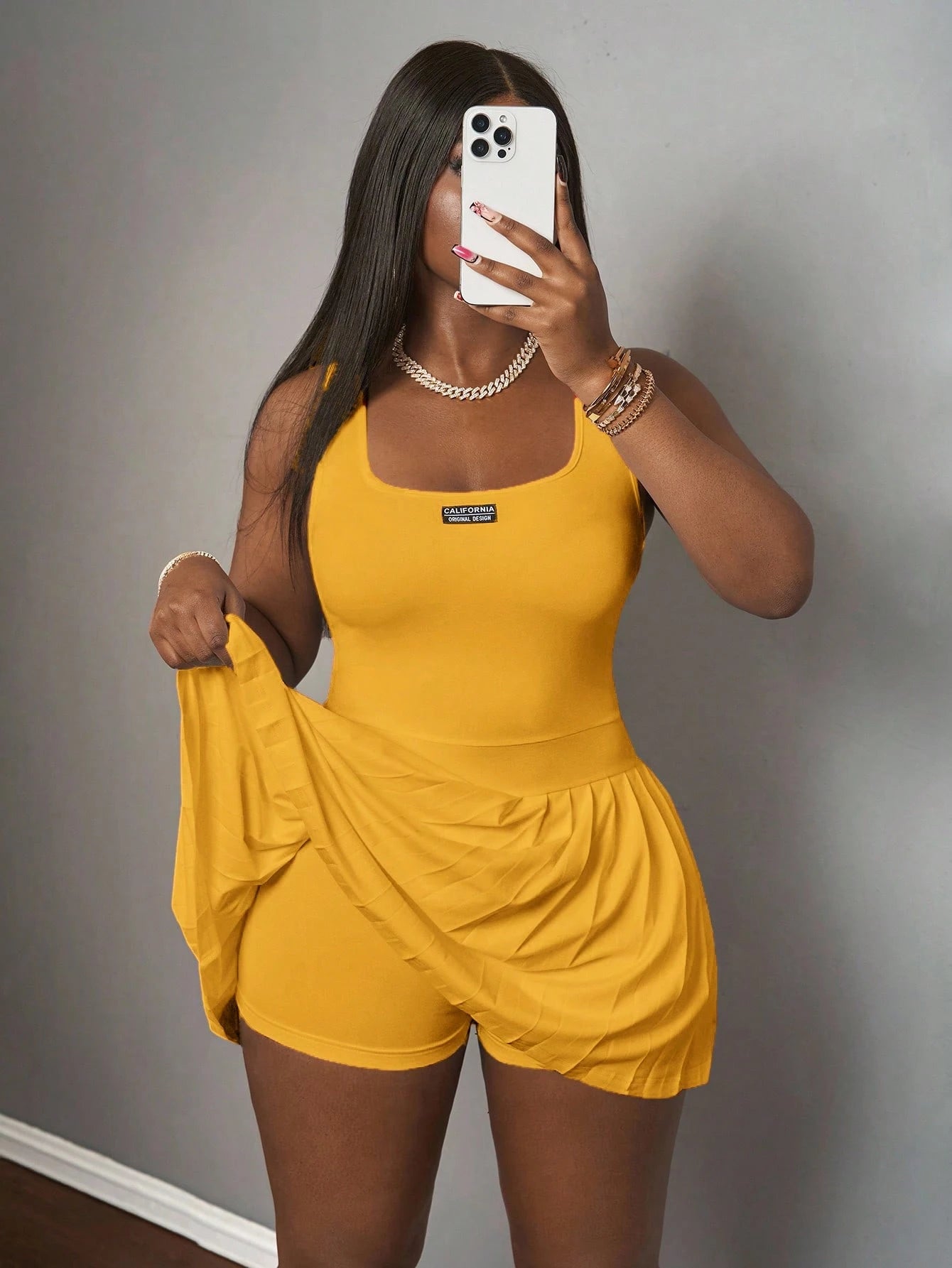 Slaydiva Mustard Yellow,Summer,Casual,City Break Women's U-Neck Knitted Mini Dress,Basic Racer Vest Pleated Skirt With Shorts Culottes,Spring Summer Dresses