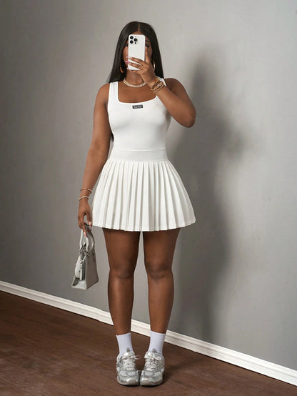 Slaydiva Mustard Yellow,Summer,Casual,City Break Women's U-Neck Knitted Mini Dress,Basic Racer Vest Pleated Skirt With Shorts Culottes,Spring Summer Dresses