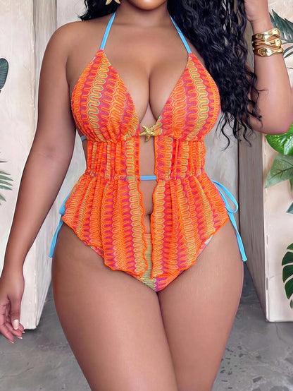 Slaydiva Plus Size 2pcs Bikini Swimsuit Set,Knitted Jacquard Wavy Pattern Deep V-Neck Triangle Top, Green And Pink Summer Beach Vacation Holiday Swimwear