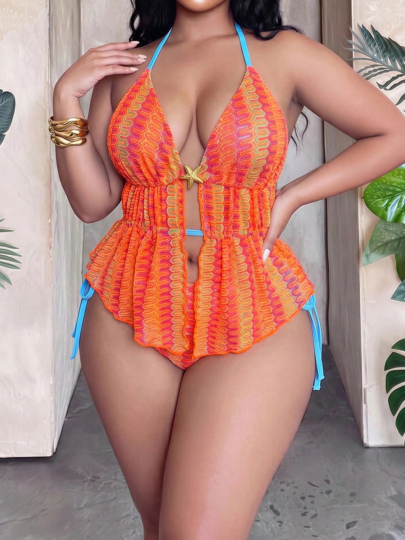 Slaydiva Plus Size 2pcs Bikini Swimsuit Set,Knitted Jacquard Wavy Pattern Deep V-Neck Triangle Top, Green And Pink Summer Beach Vacation Holiday Swimwear