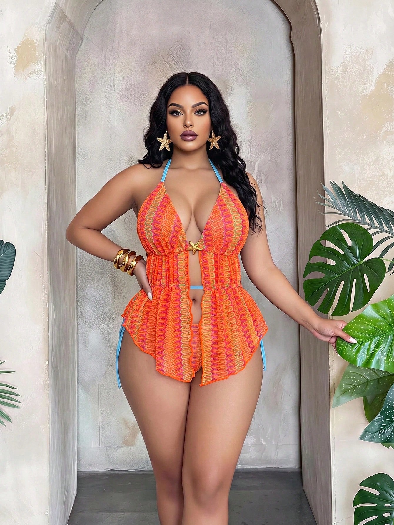 Slaydiva Plus Size 2pcs Bikini Swimsuit Set,Knitted Jacquard Wavy Pattern Deep V-Neck Triangle Top, Green And Pink Summer Beach Vacation Holiday Swimwear