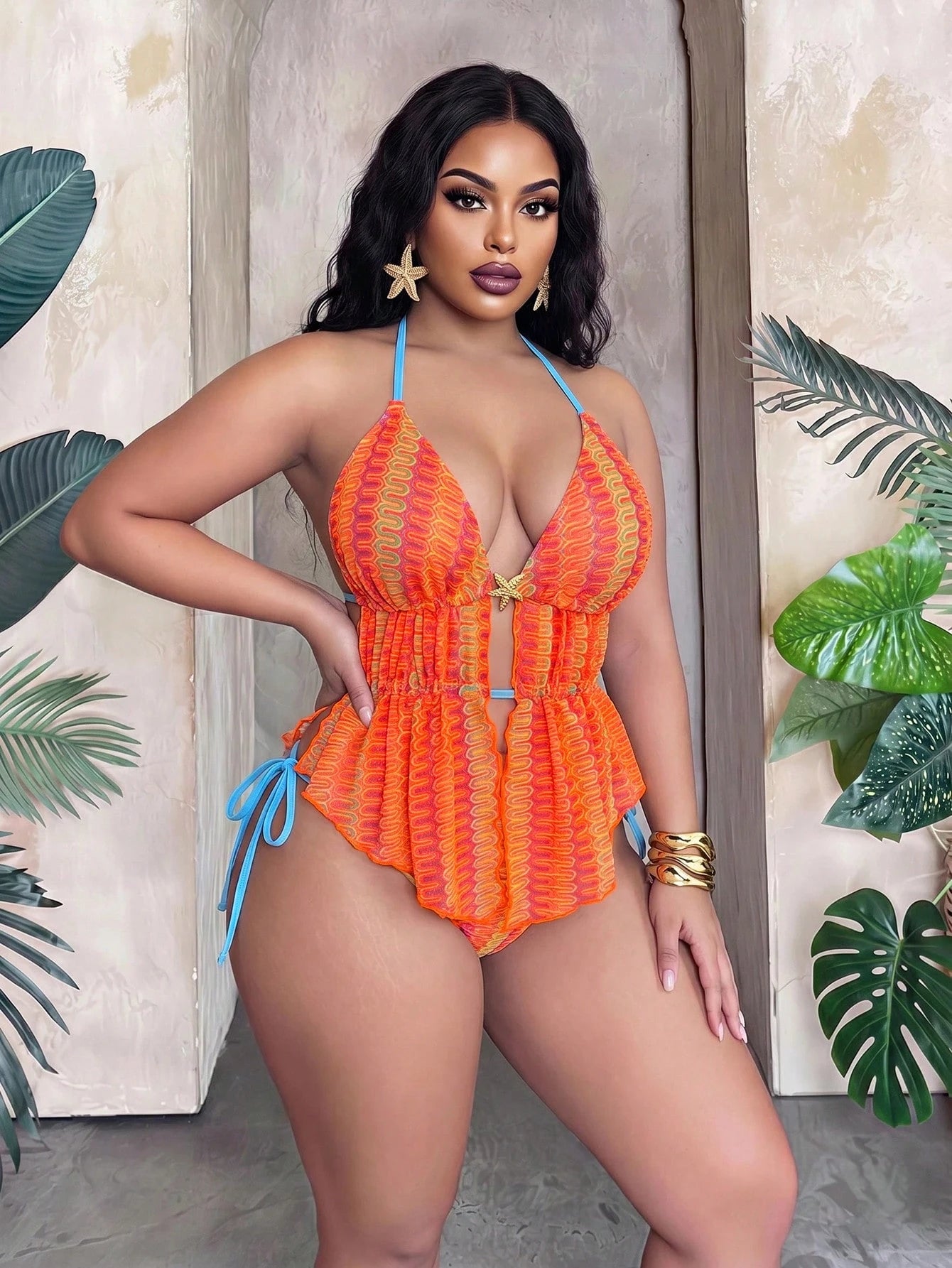 Slaydiva Plus Size 2pcs Bikini Swimsuit Set,Knitted Jacquard Wavy Pattern Deep V-Neck Triangle Top, Green And Pink Summer Beach Vacation Holiday Swimwear