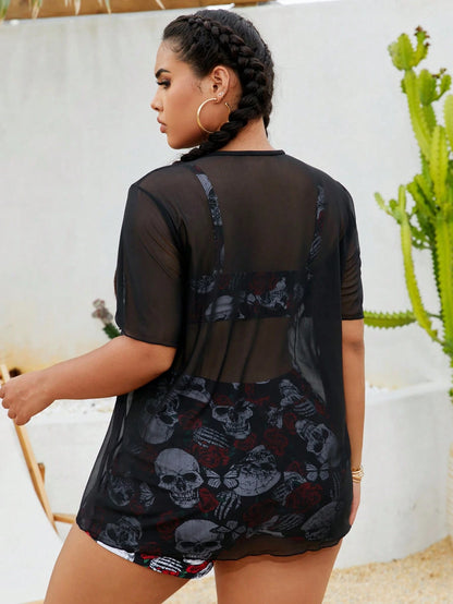 Slaydiva Plus Size 3pcs/Set Punk Skull & Rose Print Tankini Set With Cover-Up Top, Summer, Halloween