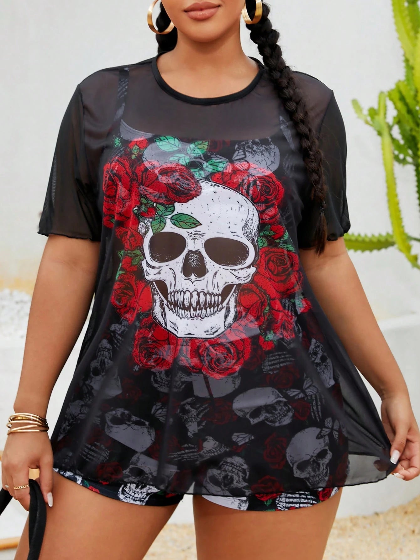 Slaydiva Plus Size 3pcs/Set Punk Skull & Rose Print Tankini Set With Cover-Up Top, Summer, Halloween
