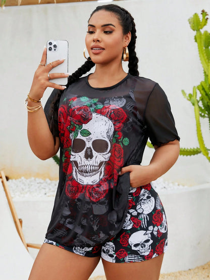 Slaydiva Plus Size 3pcs/Set Punk Skull & Rose Print Tankini Set With Cover-Up Top, Summer, Halloween