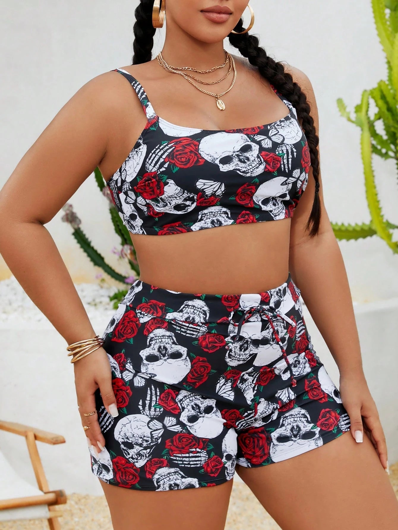 Slaydiva Plus Size 3pcs/Set Punk Skull & Rose Print Tankini Set With Cover-Up Top, Summer, Halloween