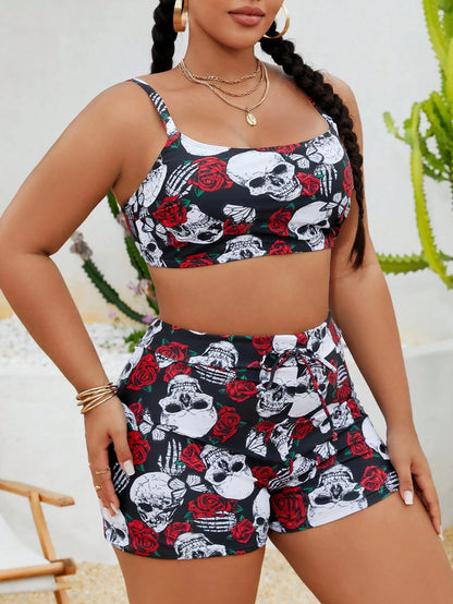 Slaydiva Plus Size 3pcs/Set Punk Skull & Rose Print Tankini Set With Cover-Up Top, Summer, Halloween