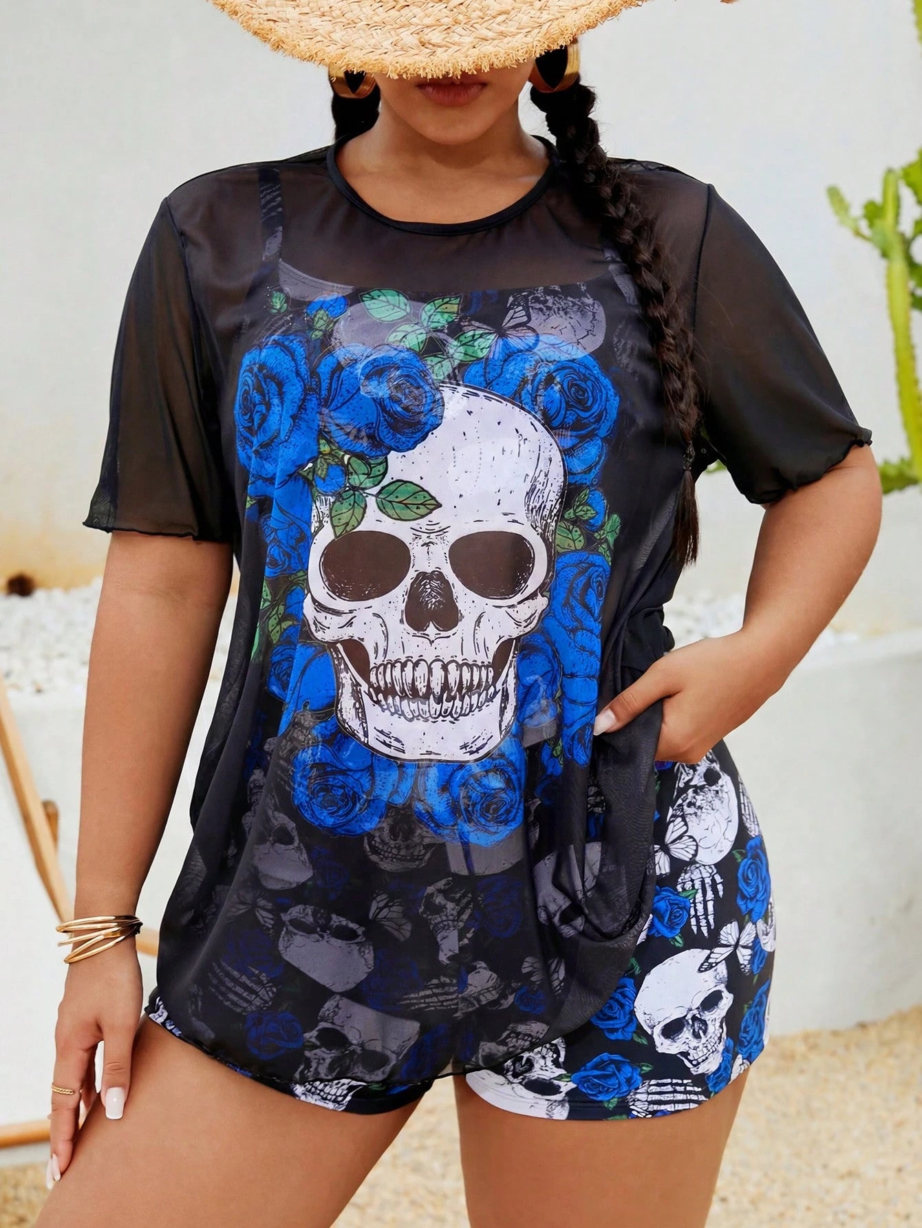 Slaydiva Plus Size 3pcs/Set Punk Skull & Rose Print Tankini Set With Cover-Up Top, Summer, Halloween
