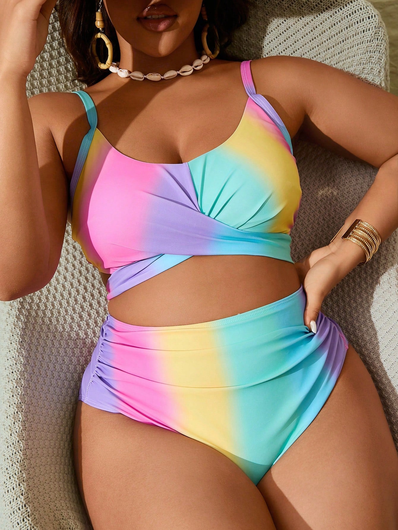 Slaydiva Plus Size Ombre Criss-Cross Halter Bikini Set Summer