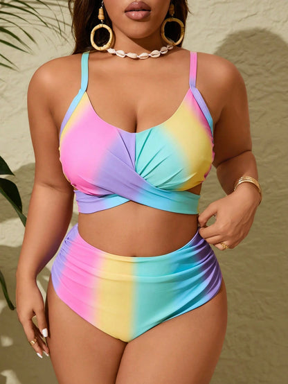 Slaydiva Plus Size Ombre Criss-Cross Halter Bikini Set Summer