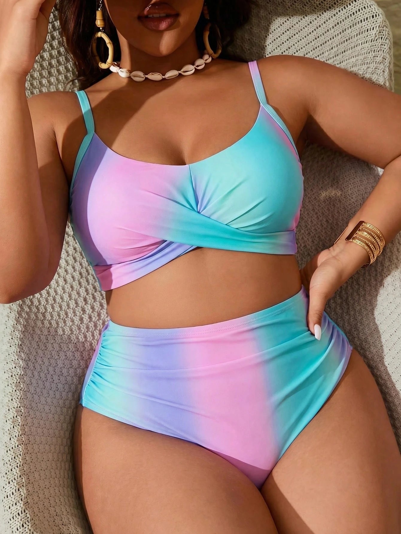 Slaydiva Plus Size Ombre Criss-Cross Halter Bikini Set Summer