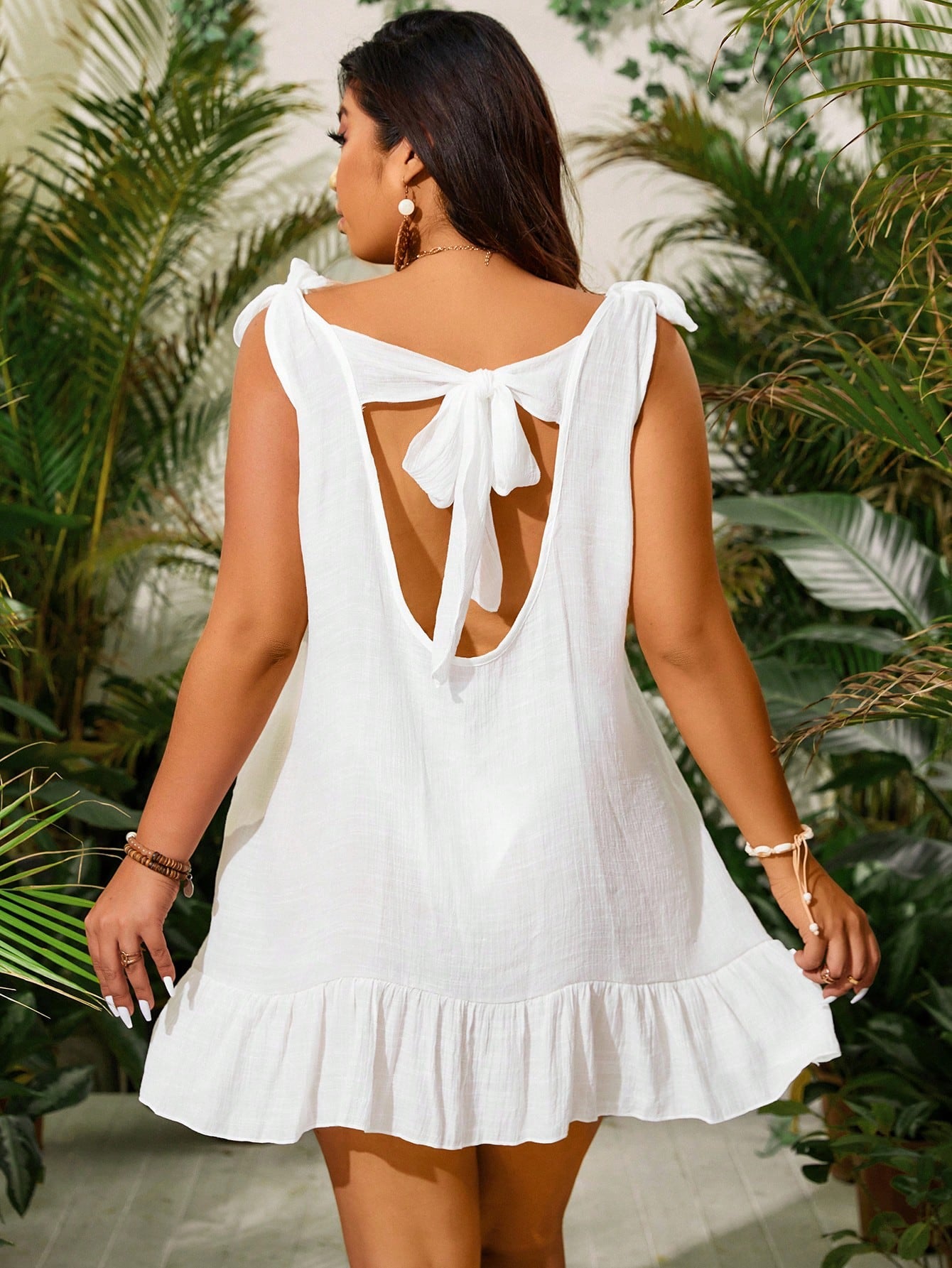 Slaydiva Plus Size Tie Shoulder Ruffle Hem Cover Up Dress Without Bikini Summer