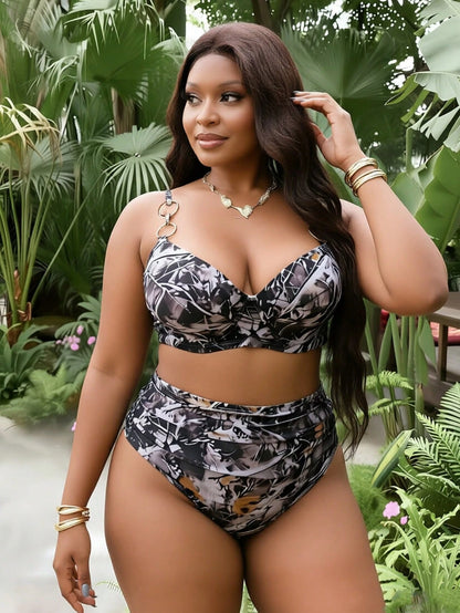 Slaydiva Plus Size Women 2-Piece Swimsuit Set, Random Gray Print, 2026 Hot New Style, Separate Design, Hard Cup Molded Cup, Underwire, Adjustable Thick Shoulder Straps, Fashion Sexy Daily Wear, High W