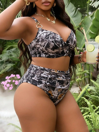 Slaydiva Plus Size Women 2-Piece Swimsuit Set, Random Gray Print, 2026 Hot New Style, Separate Design, Hard Cup Molded Cup, Underwire, Adjustable Thick Shoulder Straps, Fashion Sexy Daily Wear, High W