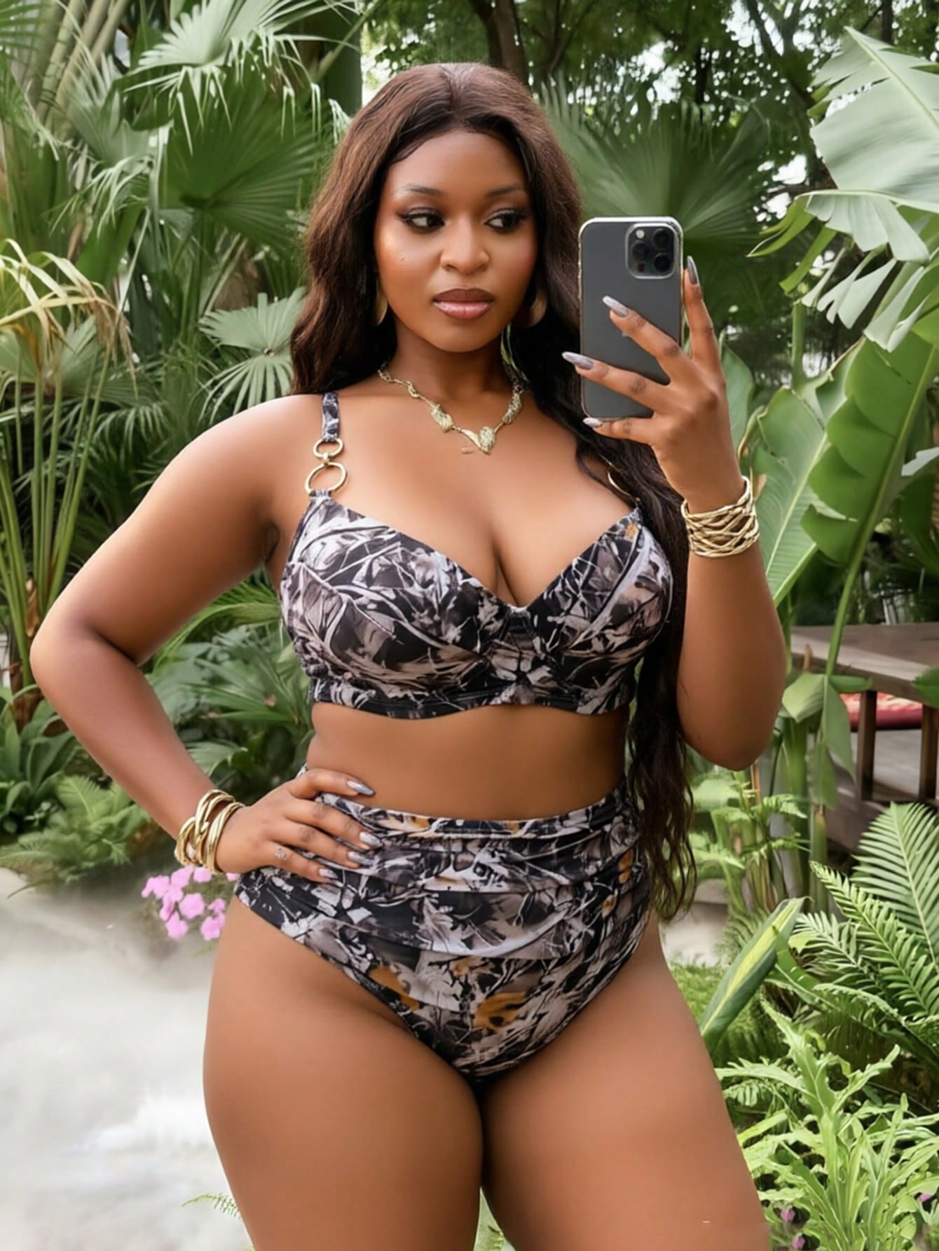 Slaydiva Plus Size Women 2-Piece Swimsuit Set, Random Gray Print, 2026 Hot New Style, Separate Design, Hard Cup Molded Cup, Underwire, Adjustable Thick Shoulder Straps, Fashion Sexy Daily Wear, High W