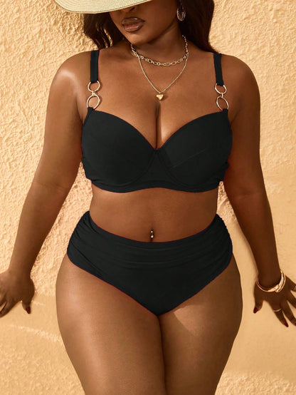 Slaydiva Plus Size Women 2-Piece Swimsuit Set, Random Gray Print, 2026 Hot New Style, Separate Design, Hard Cup Molded Cup, Underwire, Adjustable Thick Shoulder Straps, Fashion Sexy Daily Wear, High W
