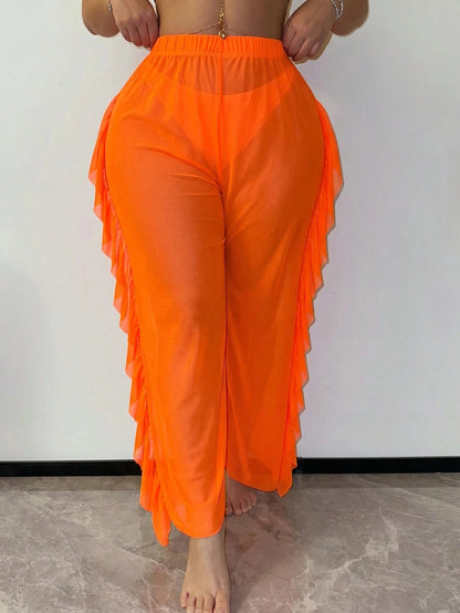 Slaydiva Plus Size Women Holiday Solid Color Side Ruffle Trim Cover Up Pants Set Beach Vacation Orange Summer