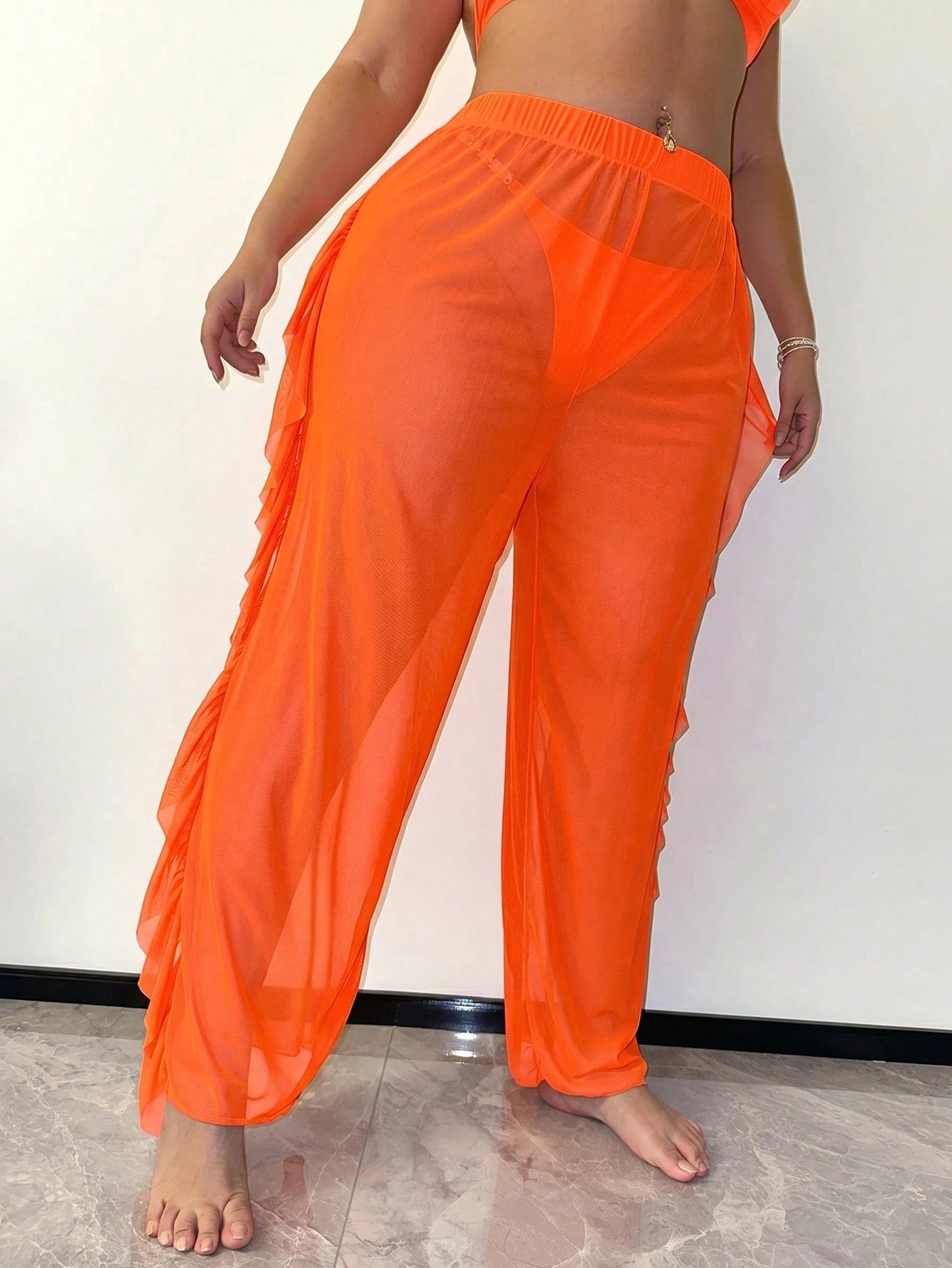Slaydiva Plus Size Women Holiday Solid Color Side Ruffle Trim Cover Up Pants Set Beach Vacation Orange Summer