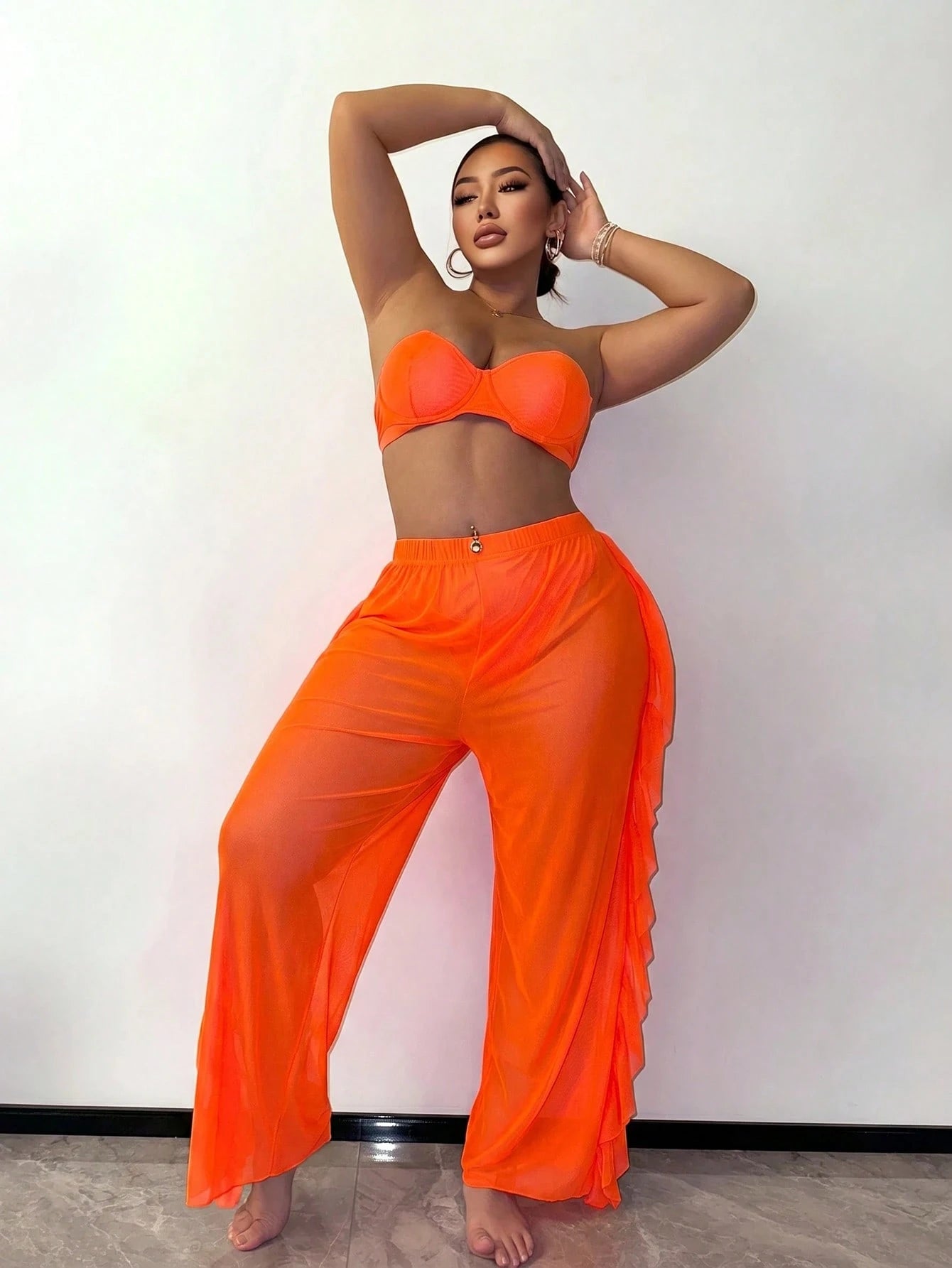 Slaydiva Plus Size Women Holiday Solid Color Side Ruffle Trim Cover Up Pants Set Beach Vacation Orange Summer