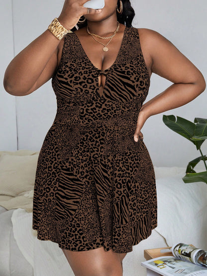 Slaydiva Plus Size Women Leopard & Zebra Print Tankini Top And Triangle Tankini Bottom Swimsuit Set, Suitable For Summer Vacation And Beach