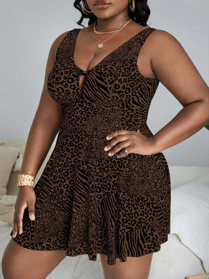 Slaydiva Plus Size Women Leopard & Zebra Print Tankini Top And Triangle Tankini Bottom Swimsuit Set, Suitable For Summer Vacation And Beach