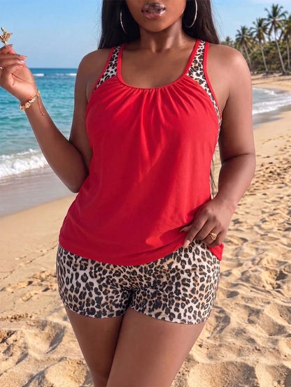 Slaydiva Plus Size Women Random Leopard Print Tankini Swimsuit Set