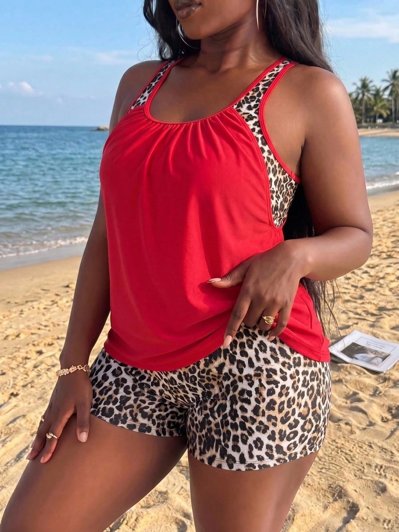 Slaydiva Plus Size Women Random Leopard Print Tankini Swimsuit Set