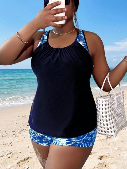 Slaydiva Plus Size Women Random Leopard Print Tankini Swimsuit Set