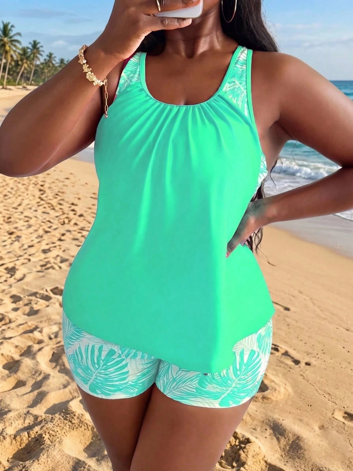 Slaydiva Plus Size Women Random Print Tankini Set Beach Vacation Summer
