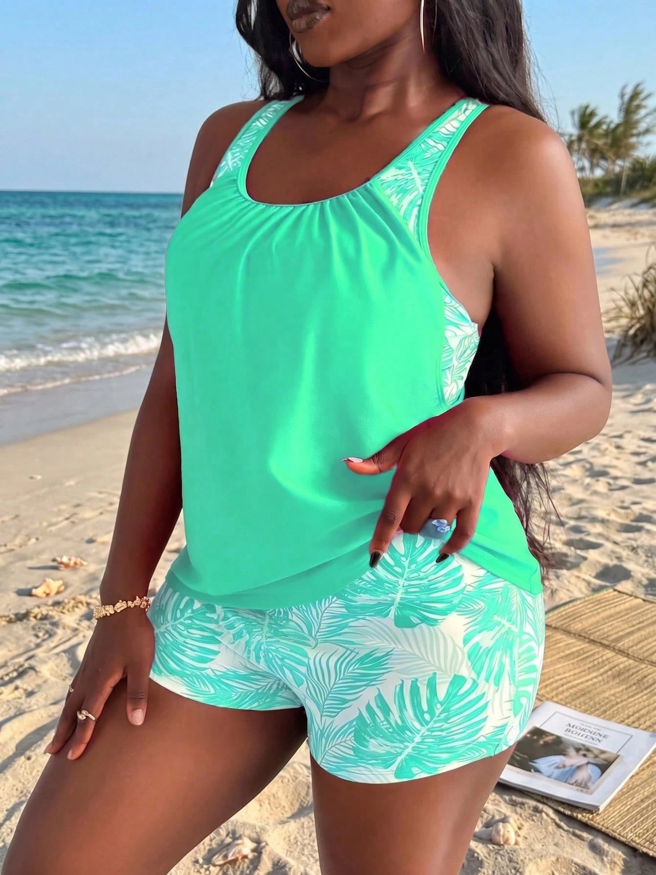 Slaydiva Plus Size Women Random Print Tankini Set Beach Vacation Summer
