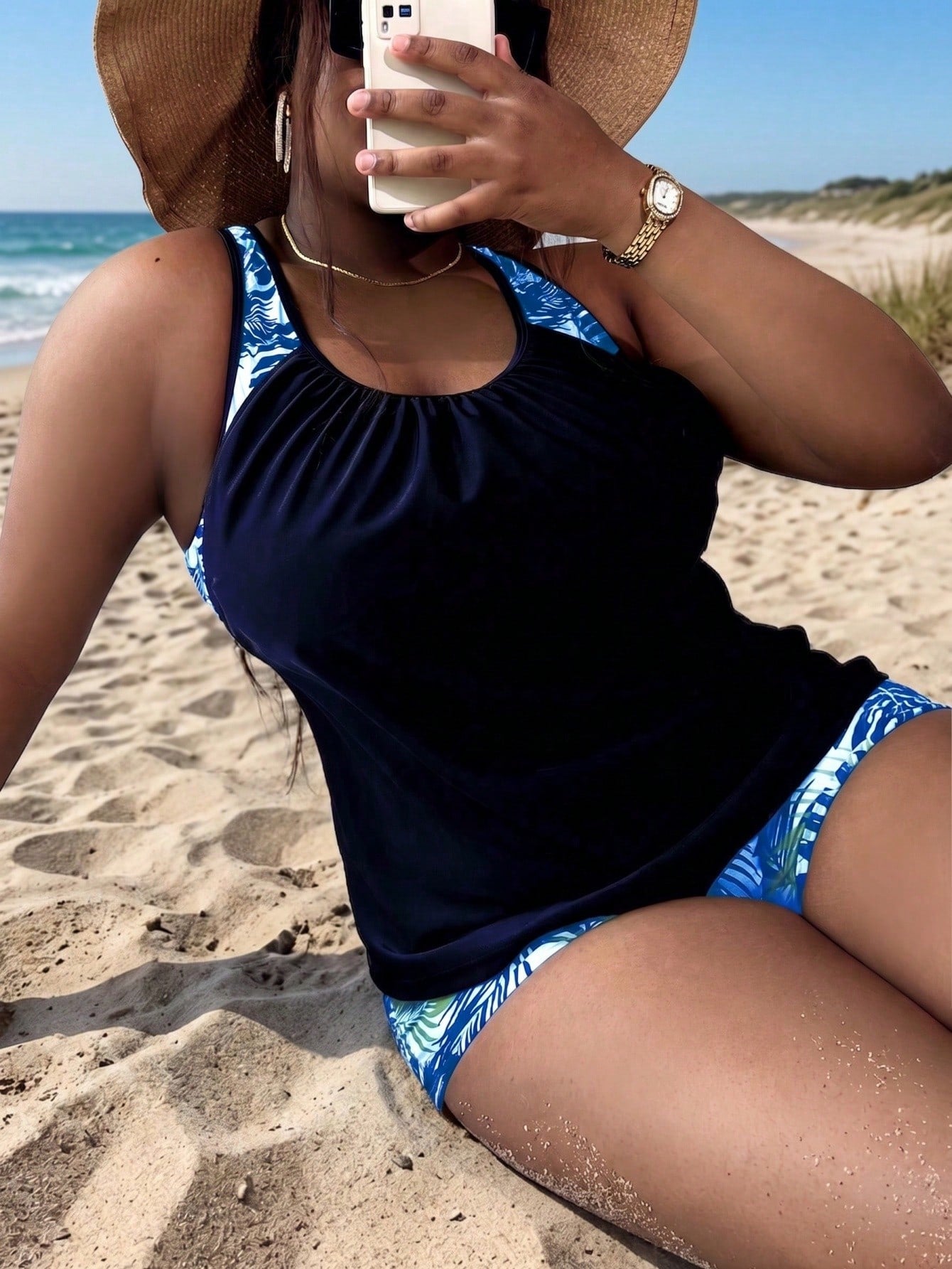 Slaydiva Plus Size Women Random Print Tankini Set Beach Vacation Summer