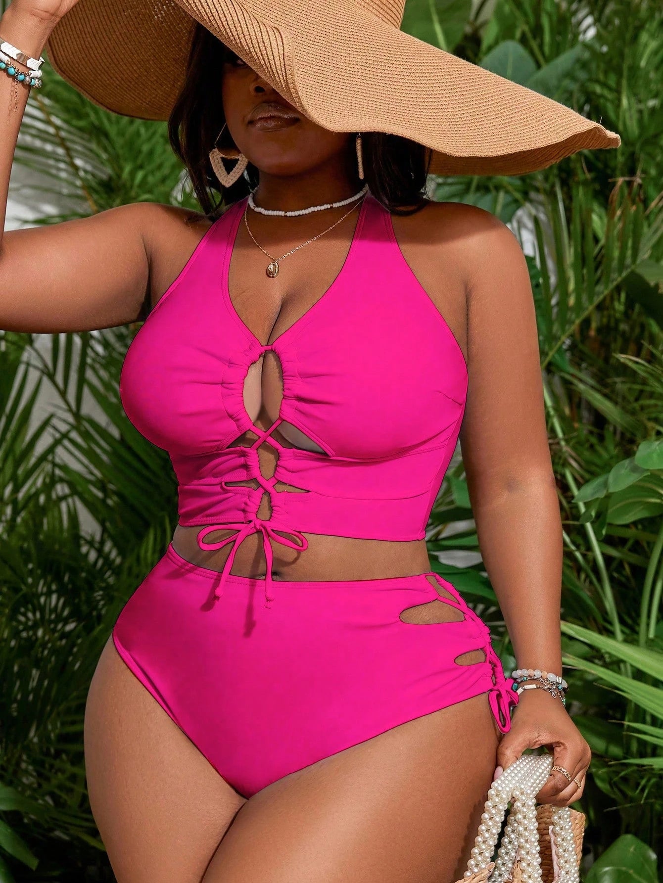 Slaydiva Plus Size Women Royal Blue Summer Beach Vacation Holiday Swimwear Set,Criss Cross Halter Lace-Up Cutout Bikini, Adjustable Pool Party Swimsuit