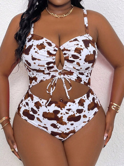 Slaydiva Plus Size Women's Sexy Cow Print Hollow-Out One-Piece Swimsuit, Beach Vacation Style