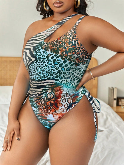 Slaydiva Plus Size Women's Solid Color Drawstring Hollow-Out Beach/Pool One-Piece Swimsuit Swimwear, Fashionable For Holiday For Summer Beach Vacation