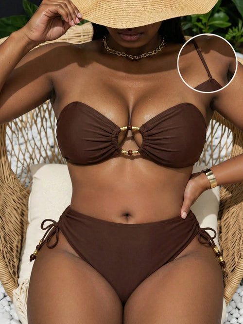 Slaydiva Plus Size Women Solid Color Bikini Set Set With Drawstring Shorts, Casual Minimalist For Holiday