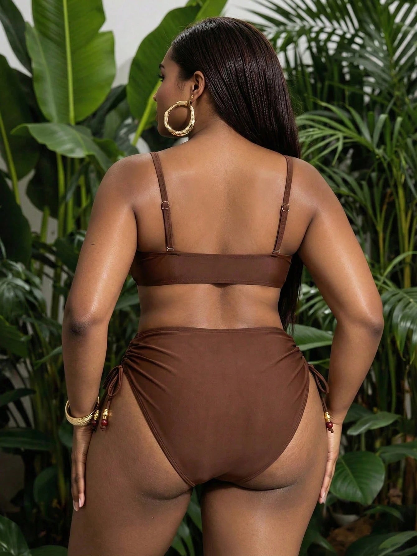 Slaydiva Plus Size Women Solid Color Bikini Set Set With Drawstring Shorts, Casual Minimalist For Holiday