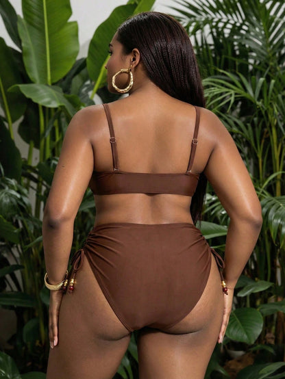Slaydiva Plus Size Women Solid Color Bikini Set Set With Drawstring Shorts, Casual Minimalist For Holiday