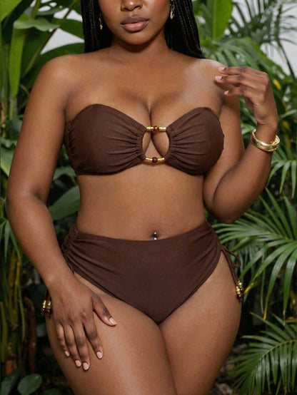 Slaydiva Plus Size Women Solid Color Bikini Set Set With Drawstring Shorts, Casual Minimalist For Holiday