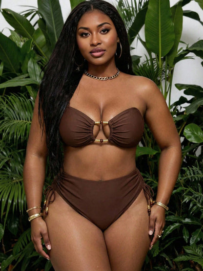 Slaydiva Plus Size Women Solid Color Bikini Set Set With Drawstring Shorts, Casual Minimalist For Holiday
