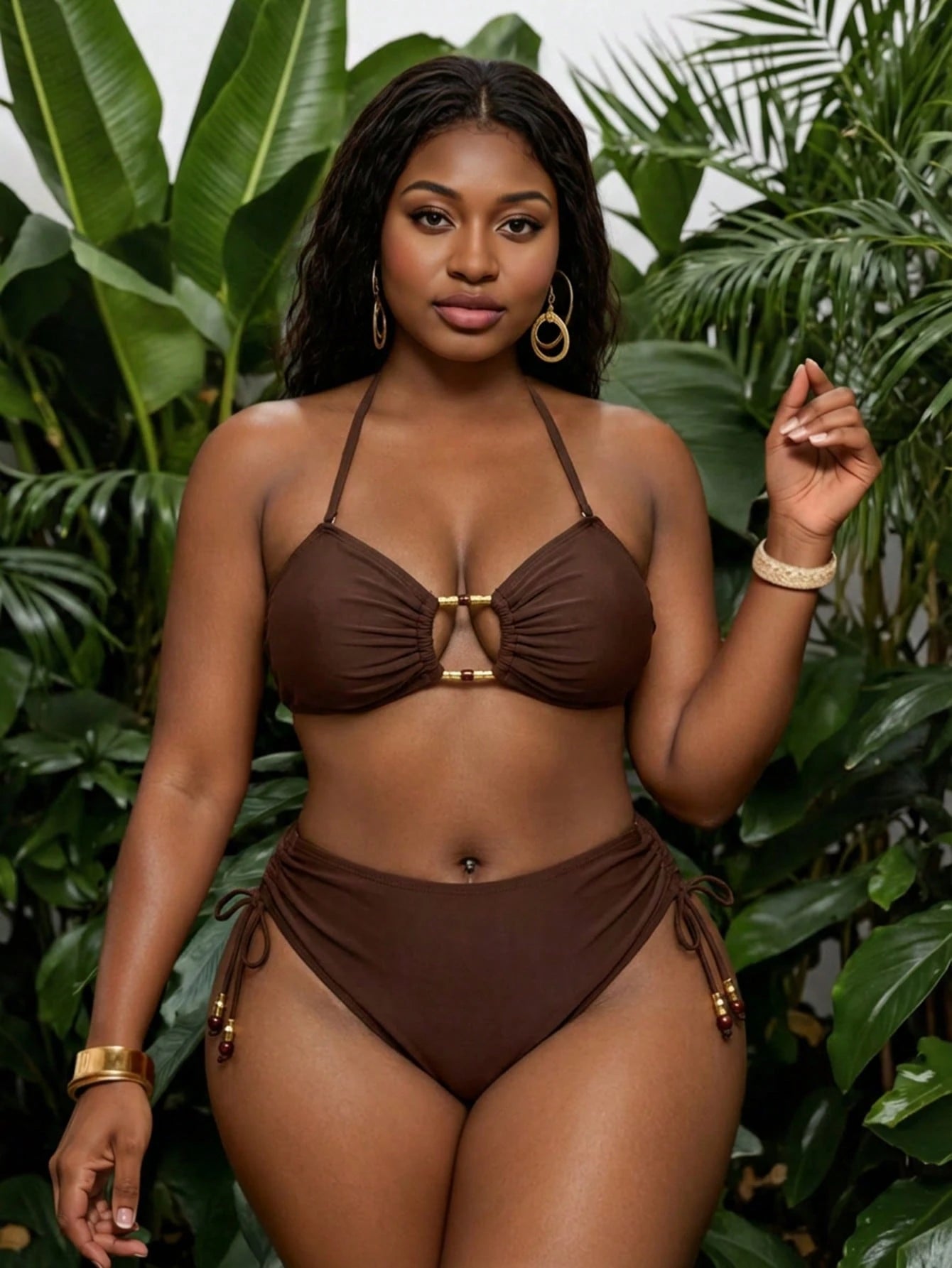 Slaydiva Plus Size Women Solid Color Bikini Set Set With Drawstring Shorts, Casual Minimalist For Holiday