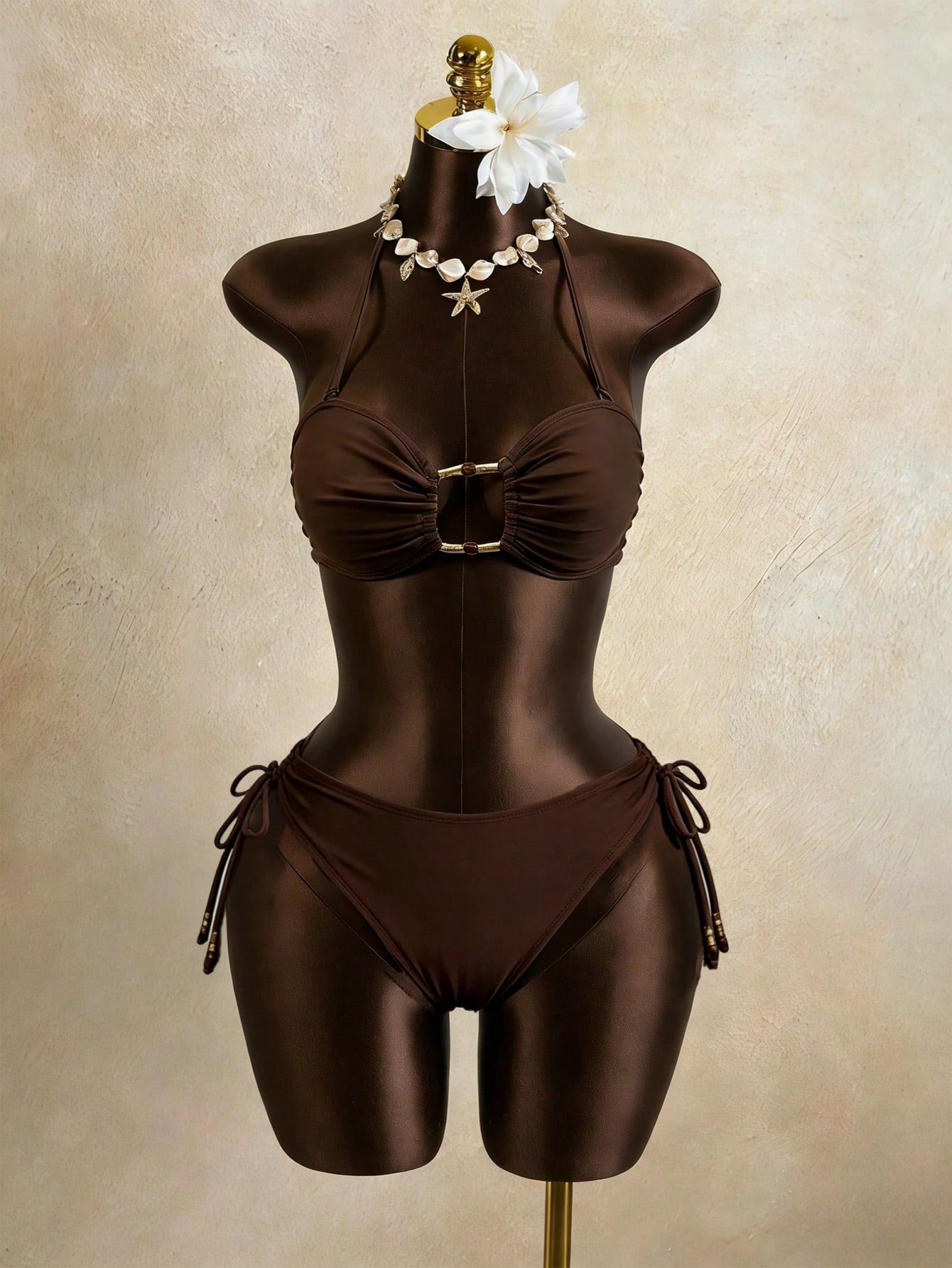 Slaydiva Plus Size Women Solid Color Bikini Set Set With Drawstring Shorts, Casual Minimalist For Holiday