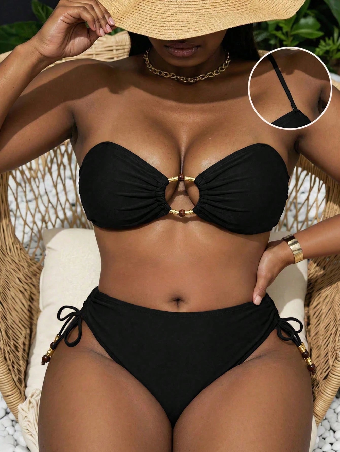Slaydiva Plus Size Women Solid Color Bikini Set Set With Drawstring Shorts, Casual Minimalist For Holiday