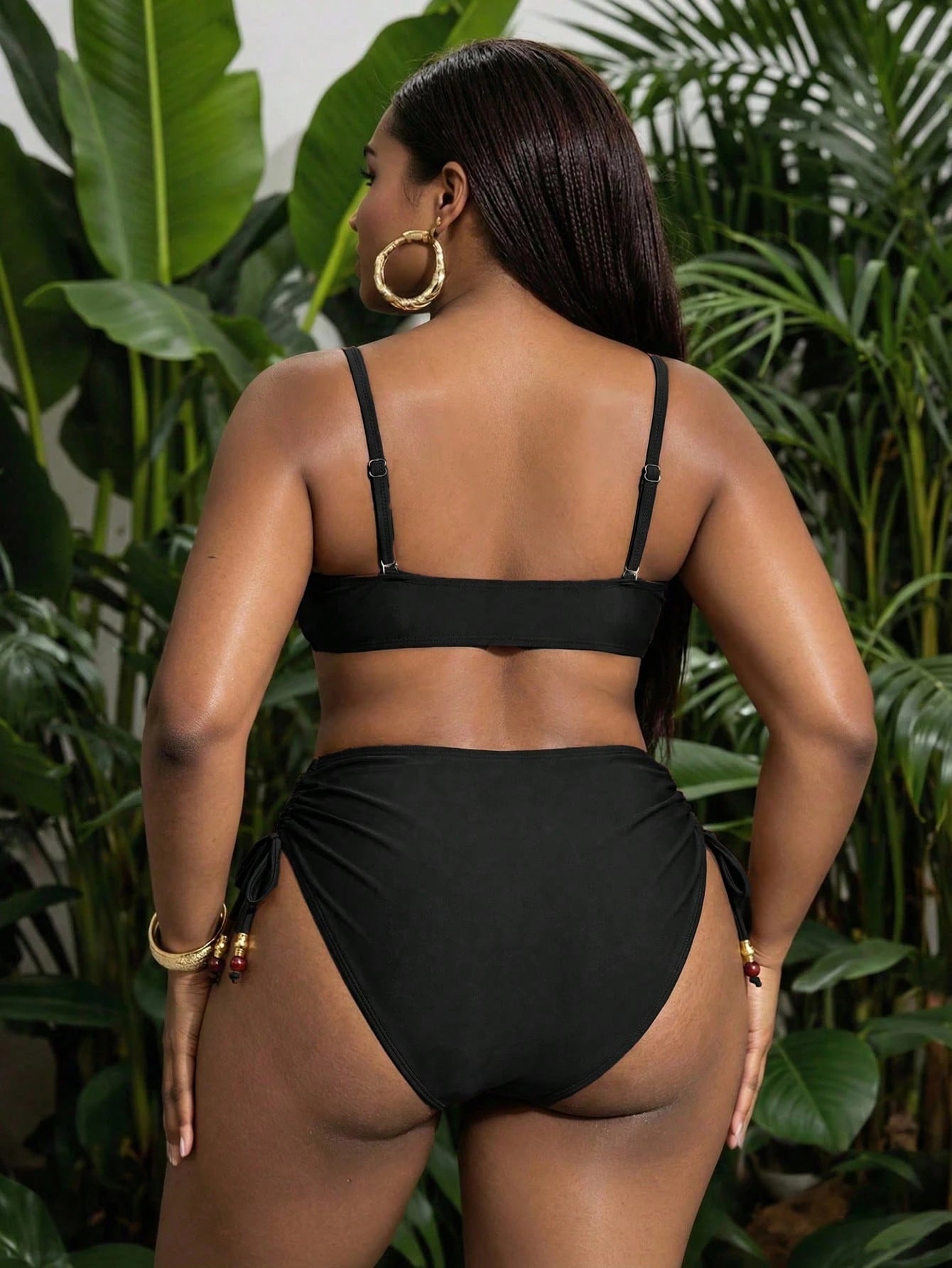Slaydiva Plus Size Women Solid Color Bikini Set Set With Drawstring Shorts, Casual Minimalist For Holiday