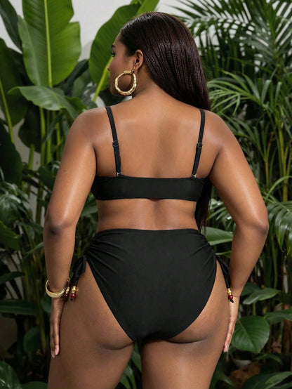 Slaydiva Plus Size Women Solid Color Bikini Set Set With Drawstring Shorts, Casual Minimalist For Holiday