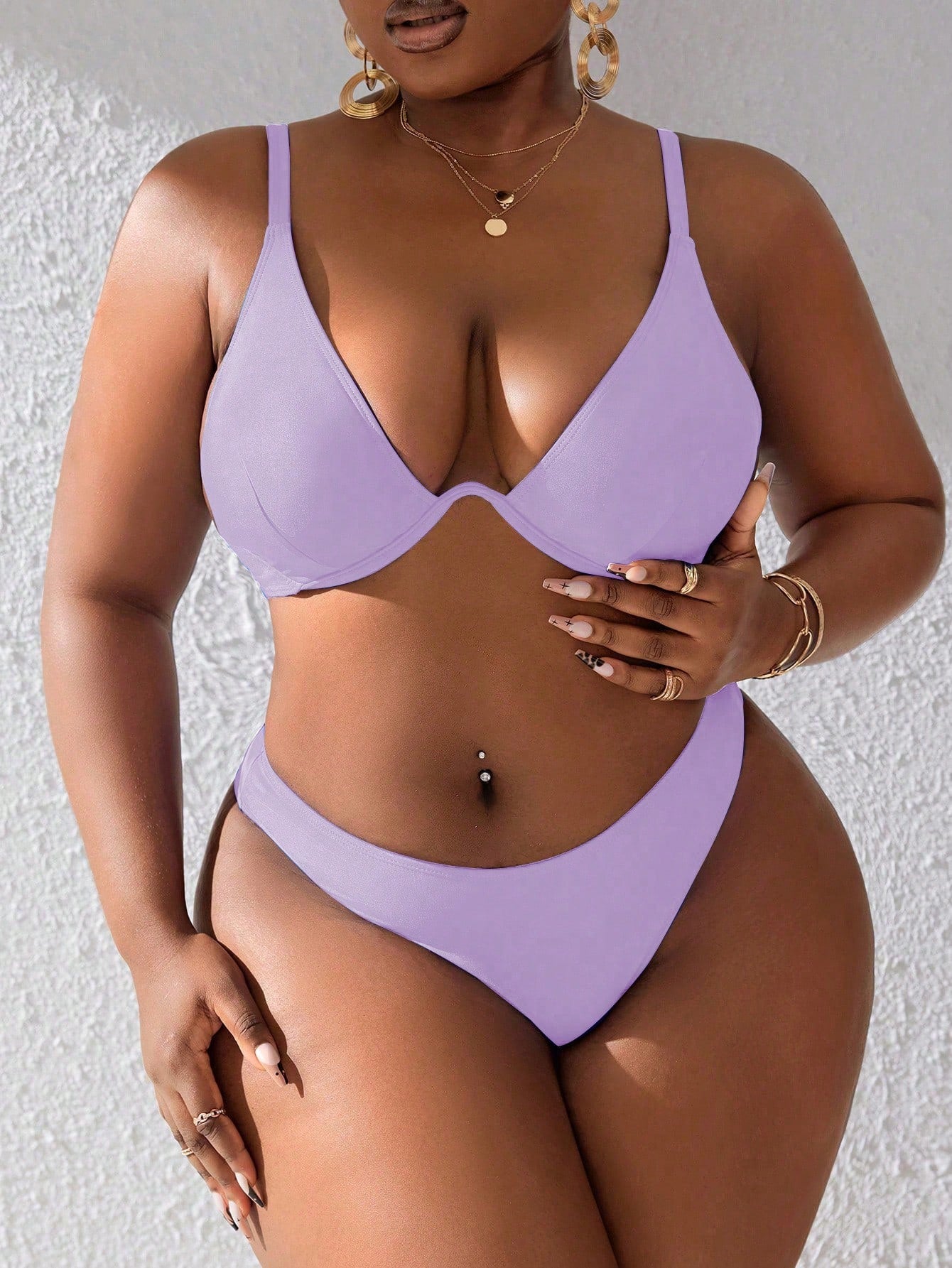 Slaydiva Plus Size Women Summer Beach Solid Color Bikini Set