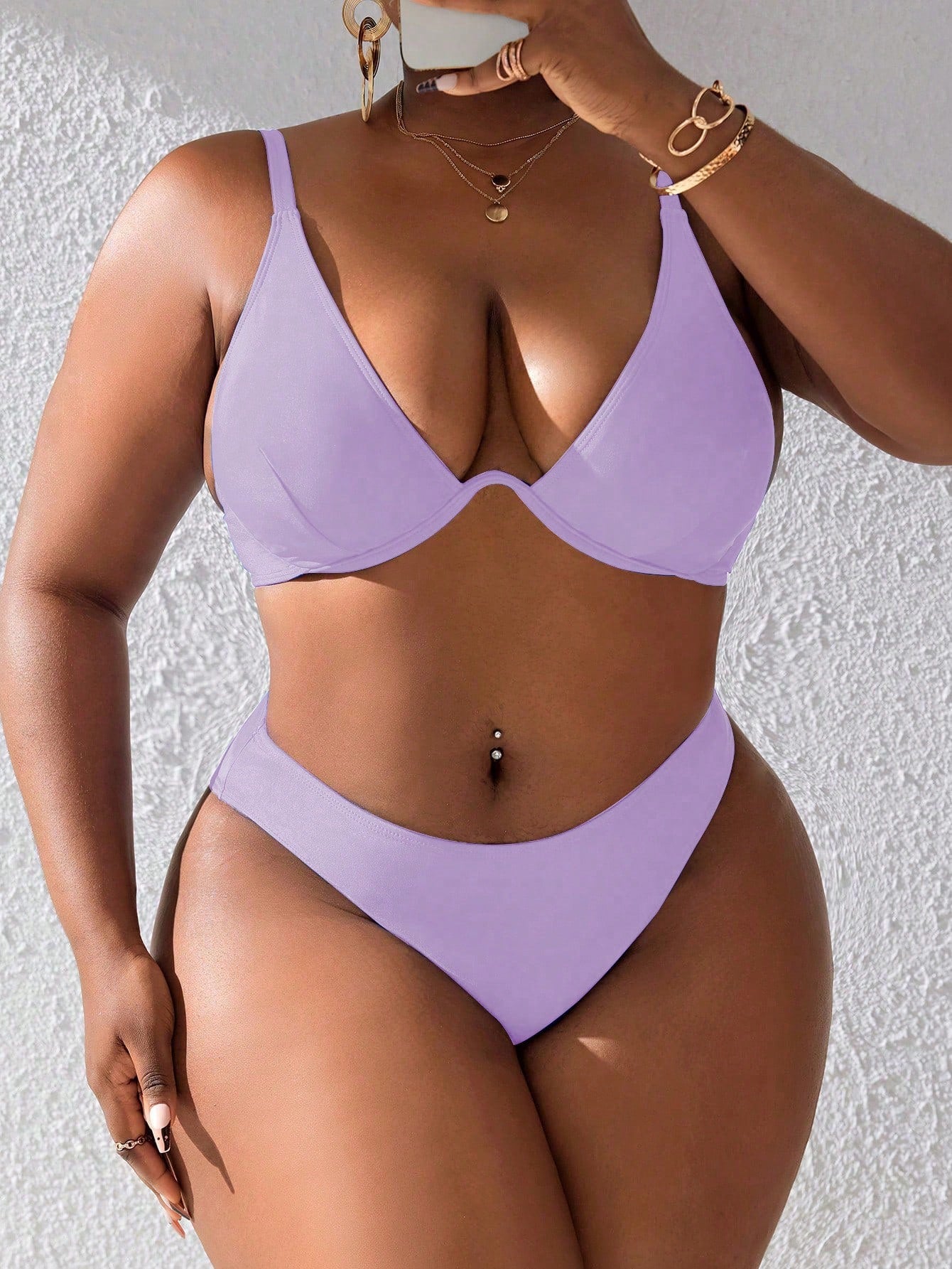 Slaydiva Plus Size Women Summer Beach Solid Color Bikini Set