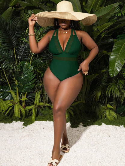 Slaydiva Sexy Deep V Mesh Hollow Splicing Shoulder Strap Plus Size One-Piece Swimsuit