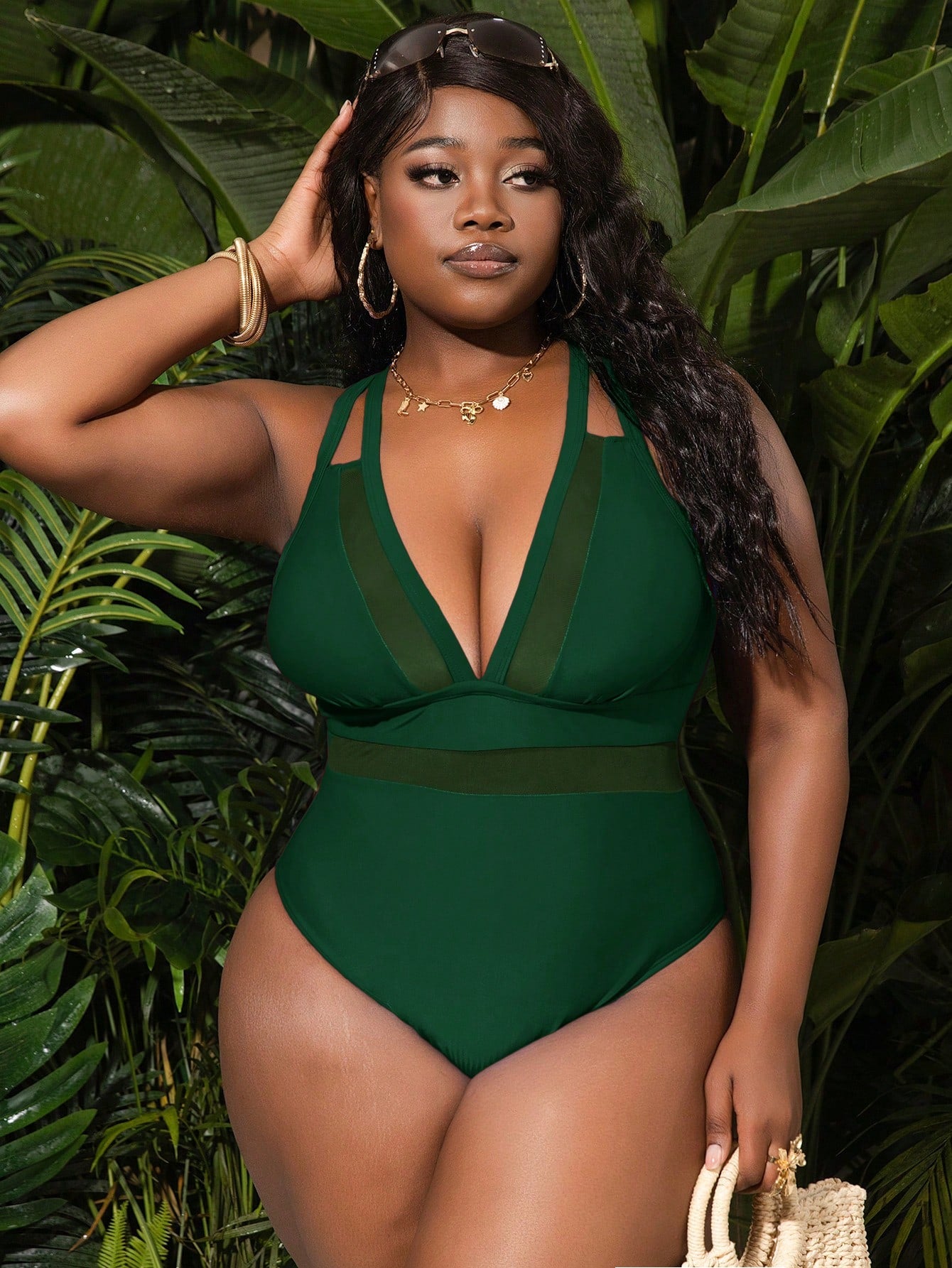Slaydiva Sexy Deep V Mesh Hollow Splicing Shoulder Strap Plus Size One-Piece Swimsuit