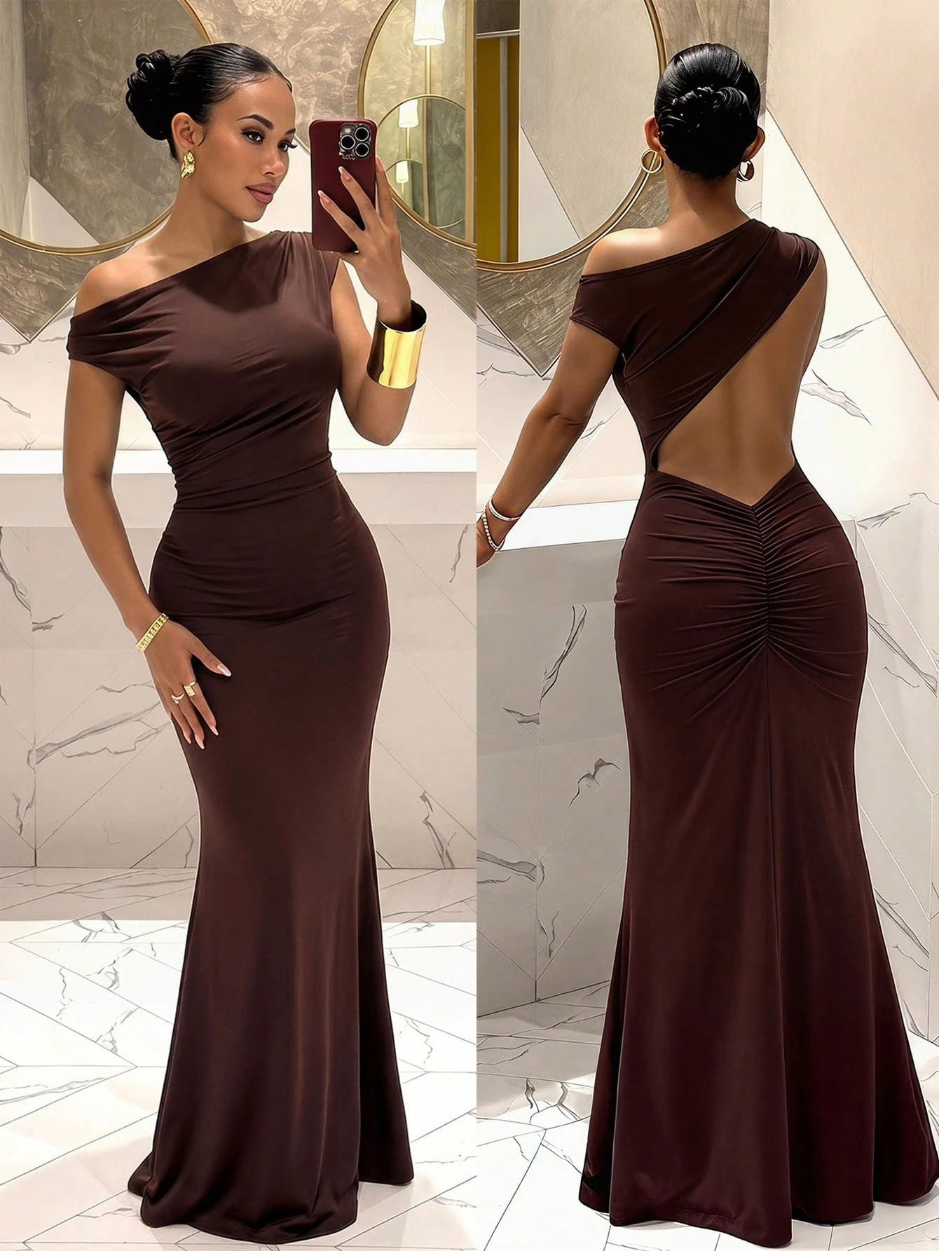 Slaydiva Shades Of Brown,Autumn,Seductive,Party Night Elegant Sexy Sleeveless Asymmetric Neck Backless Bodycon Maxi Dress For Summer Valentine's Day